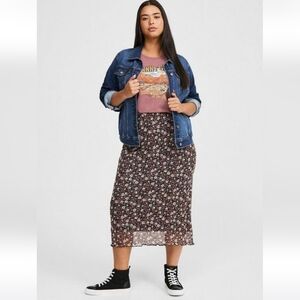 Torrid Black Mesh Tea Length Pencil Skirt w/ Brown & Cream Floral Print Sz 14/16